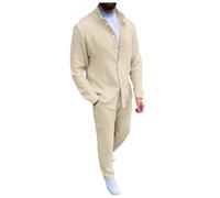 Générique Chemise Homme Décontractée Manches Longues Couleur Unie Col Mao Cardigan Haut Pantalon Tenue Casual Ensemble Complet Style Simple pour Tous Les Jours(Khaki, XL)