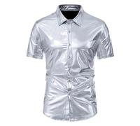 Générique Chemise Homme Disco en Sequin,Chemise Homme DiscothèQue Brillante Disco Chemise à Manches Courtes (Silver, S)