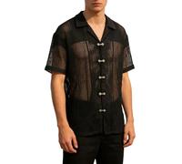 Générique Chemise Homme en Résille Noire Transparente Tee Shirt Manches Courtes Col Cuba Boutons décoratifs Style Sexy Tshirt pour Party Club Disco Fête Ete Plage Vacances
