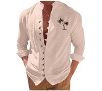 Générique Chemise Homme Lin Coton Été Manches Longues Col Mao Imprimé Boutonnée Grande Taille Léger Respirant Chemise Mode T-Shirt Haut pour l'Été, Sorties Entre Amis et Loisirs