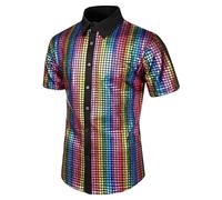 Générique Chemise Homme Party Disco Chemisier Manches Courtes Chemises Brillant Chemisette Mode Vetement Coupe Ample Habit Leger Haut Multicolore L