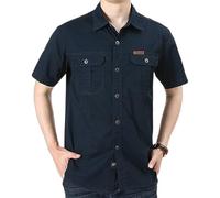 Générique Chemise Jeans Homme Manches Courtes en Coton Regular Travail Jean Militaire Col Revers Slim Décontractée Vintage Sweat Moto Printemps Eté Casual Denim Chemise avec 2 Poches (Bleu foncé,L,L)