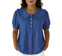 Générique Chemise Lin Estivale Féminine Manches Courtes Bouffantes À Boutons Col Peter Pan, Blouse Charmante Utilisable en Tenue Décontractée Ou Plus Structurée en Tissu Lin(Blue, S)