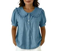Générique Chemise Lin Estivale Féminine Manches Courtes Bouffantes À Boutons Col Peter Pan, Blouse Charmante Utilisable en Tenue Décontractée Ou Plus Structurée en Tissu Lin(Light Blue, XL)
