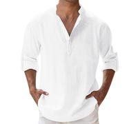 Générique Chemise Lin Homme à Manches Longues Été Décontractée Chemise pour Hommes Col Montant Couleur Unie Chemise à Manches Longues Respirante T-Shirts Shirts de Plage pour Hommes (03-White, XXL)