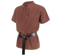 Générique Chemise médiévale à manches courtes Lacets pour Homm,Chemise en coton pirate homme acve Ceinture,Déguisement halloween,Costume medieval homme cosplay pour Renaissance Pirate Viking