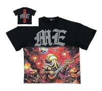 Générique Chemise Noire À Manches Courtes Et Fermeture Éclair, Ornée d'un Motif d'ange Aux Yeux Bandés Et du Texte « Emotion ». Le Fond Bleu Foncé Est Agrémenté De Motifs Blancs Élaborés.-color3||m