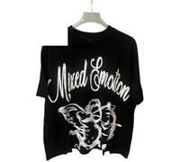 Générique Chemise Noire À Manches Courtes Et Fermeture Éclair, Ornée d'un Motif d'ange Aux Yeux Bandés Et du Texte « Emotion ». Le Fond Bleu Foncé Est Agrémenté De Motifs Blancs Élaborés.-color4||s