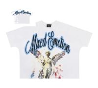 Générique Chemise Noire À Manches Courtes Et Fermeture Éclair, Ornée d'un Motif d'ange Aux Yeux Bandés Et du Texte « Emotion ». Le Fond Bleu Foncé Est Agrémenté De Motifs Blancs Élaborés.-color1||x_l