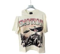 Générique Chemise Noire À Manches Courtes Et Fermeture Éclair, Ornée d'un Motif d'ange Aux Yeux Bandés Et du Texte « Emotion ». Le Fond Bleu Foncé Est Agrémenté De Motifs Blancs Élaborés.-color2||s