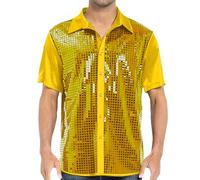 Générique Chemise Paillette Homme Col Revers,Costume De Mode Chemise à Manches Courtes Visage Brillant FêTe Disco des AnnéEs 70 Tout Chemise à Manches Courtes à Paillettes (Gold XXXL)