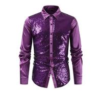Générique Chemise Paillette Homme Disco,Chemise à Manches Longues Couleur Unie Or Paillettes Tendance Personnalité Mode (Purple, M)