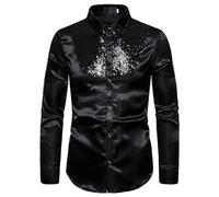 Générique Chemise Paillettes Homme Disco,Chemise à Manches Longues Coupe AjustéE Bouton Uni Rabattable (Black, S)