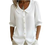 Générique Chemise rétro à col Claudine et Boutonnage intégral - Haut décontracté et Ample pour Le Printemps et l'été - Tunique Vintage élégante pour Le Travail et Les Sorties (White,S)