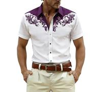 Générique Chemise Western Imprimée Manches Courtes Cowboy, Haut Décontracté Thème Médiéval Viscose Slim Fit, Blouse Coupe Regular pour Bureau et Voyages