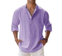 Générique Chemises d'automne en Coton et Lin pour Hommes Manches Longues Hippie légères décontractées pour la Plage pour Le Mariage et Le Yoga (Violet,XL)
