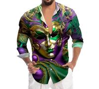 Générique Chemises pour Hommes Manches Longues Col À Revers Carnaval Costume Button Down Loisirs Chemises Deguisement Hippies Imprimé Masque Tenue De Fête Amusante Soirée Bal De Promo Vetement