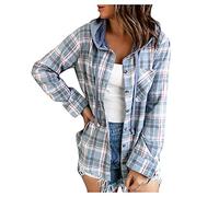 Générique Chemisier à Carreaux Chemise Femme Blouse Chic avec Bouton en Flanelle à Manches Longues Retroussée Style de Boyfriend Casual Veste Polaire avec Capuche (Bleu, S)