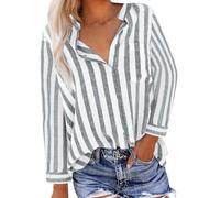 Générique Chemisier Coton Lin Chemise élégant à Rayures pour Femmes Col en V Manches Longues Tops LâChe Respirant T-Shirts Grande Taille Pas Cher Coton Lin Décontracté Tunique Top avec Boutons