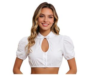 Générique Chemisier Dirndl Femmes Blanc à Col Peter Pan, Manches Bouffantes, Décolleté avec Noeud, Boutonné, Crop Top pour Fête de la Bière