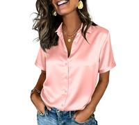 Générique Chemisier Femme À Manches Courtes en Tissu Satiné avec Imprimé Coupe Droite Col Classique Fermeture Boutonnée Rose L