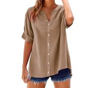 Générique Chemisier Femme Chic et élé Chemise Femme Lin T-Shirt Manches Longues Col V Bouton Tshirt Couleur Unie Lâche Respirant Coton Lin Tunique Grande Taille Tops Pas Cher