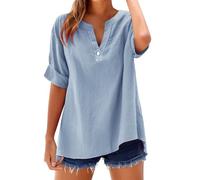Générique Chemisier Femme Chic et élé Chemise Femme Lin T-Shirt Manches Longues Col V Bouton Tshirt Couleur Unie Lâche Respirant Coton Lin Tunique Grande Taille Tops Pas Cher