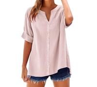 Générique Chemisier Femme Chic et élé Chemise Femme Lin T-Shirt Manches Longues Col V Bouton Tshirt Couleur Unie Lâche Respirant Coton Lin Tunique Grande Taille Tops Pas Cher