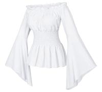 Générique Chemisier gothique de la Renaissance pour femmes à manches évasées avec volants et épaules dénudées - Haut corset médiéval victorien pour costumade - Chemise de pirate, blanc