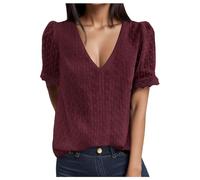 Générique Chemisier T-Shirt Manche Courtes Femme Dentelle Décontracté Col V Élégant Couleur Unie lâche Basique Pull Top Ruffle Sleeve Shirt Volant Cutout Chemisiers d'été à Manches Courtes pour Femme