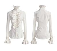 Générique Chemisier vintage victorien à manches trompettes et col haut à volants pour femme (001 Blanc, M)