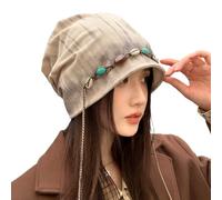 Générique Chic Shell Bead Boho Hats, Beaded Stacked Pile Hats with Chain for Women, Outdoor Travel Causal Knitted Hat for Women (Beige)