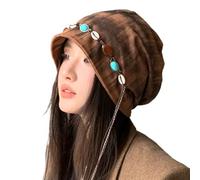 Générique Chic Shell Bead Boho Hats, Beaded Stacked Pile Hats with Chain for Women, Outdoor Travel Causal Knitted Hat for Women (Coffee)
