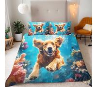 Générique Chien Housse de Couette 200x220 Corail pour Chien Animal sous-Marin Parures de Lit 200x220 Adulte Microfibre Doux et Confortable Housse de Couette Impression 3D avec 2 Taie d'oreiller