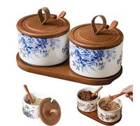 Générique Chinese Theme Floral Spice Jar Set, Home Ceramic Seasoning Dispenserispenser, Kitchen Seasoning Box With Lid And Spoon (#B,2PCS)