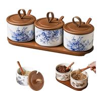 Générique Chinese Theme Floral Spice Jar Set, Home Ceramic Seasoning Dispenserispenser, Kitchen Seasoning Box With Lid And Spoon (#B,3PCS)