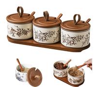 Générique Chinese Theme Floral Spice Jar Set, Home Ceramic Seasoning Dispenserispenser, Kitchen Seasoning Box With Lid And Spoon (#A,3PCS)