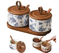 Générique Chinese Theme Floral Spice Jar Set, Home Ceramic Seasoning Dispenserispenser, Kitchen Seasoning Box With Lid And Spoon (#C,2PCS)
