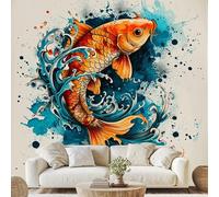 Générique Chinois Aquarelle Carpe Papier Peint Carpe Vague Bleu Papier Adhesif Éclaboussure D'Encre Autocollant Mural 150x105 cm Poster Mural pour Chambre Salon