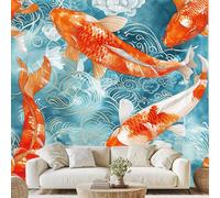 Générique Chinois Traditionnel Carpe Lotus Fleur Papier Adhesif Abstrait Vague Poisson Mural Art Moderne Papier Peint 3D Effet 500x280 cm pour Salle de Bain Salon Chambre