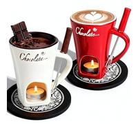 Générique Chocolate Fondue Mug Set of 2,Chocolate Melting Cup Tea Light,Fondue Mug Chocolates Melting Cup Cookware Candy Hot Pot,Ceramic Chocolates Meltings Mugs with Fork ＆ Coasters (W+R)