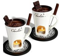 Générique Chocolate Fondue Mug Set of 2,Chocolate Melting Cup Tea Light,Fondue Mug Chocolates Melting Cup Cookware Candy Hot Pot,Ceramic Chocolates Meltings Mugs with Fork ＆ Coasters (White)