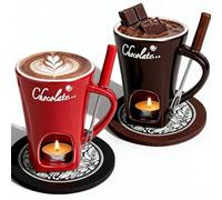 Générique Chocolate Fondue Mug Set of 2,Chocolate Melting Cup Tea Light,Fondue Mug Chocolates Melting Cup Cookware Candy Hot Pot,Ceramic Chocolates Meltings Mugs with Fork ＆ Coasters (B+R)