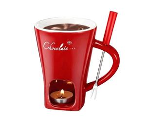 Générique Chocolate Melting Cup, Christmas Chocolate Fondue Mug with Fork and Candle, Mini Ceramic Fondue Cup for Melting Chocolates/Cheese Desserts (Red)
