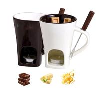 Générique Chocolate Melting Cup, Multi-Functional Ceramic Chocolate Fondue Mug with Forks, Tealight Heated Cheese Set - Premium Ceramic Fondue Mug Melted Cheese Butter (White+Brown)