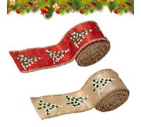 Générique Christmas Burlap Ribbon | 2 Rolls Sparkly Burlap Wired Edge Decor - Crafts Wrapping Wreath Fabric Ribbon | Party Window Garden Garland