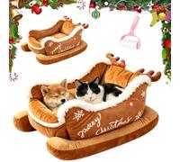 Générique Christmas Dog Bed Sleigh with Non Slip Base, Santa Sleigh Pet Bed for Small Dogs & Cats, Funny Plush Cozy Washable Pet Christmas Bed for Indoor Winters Holiday Decor