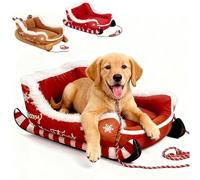 Générique Christmas Sleigh Dog Bed, Funny Santa Sleigh Pet Warm Bed, Detachable and Washable, with Non-Slip Base, Christmas Plush Dog Beds, for Winter Indoor Outdoor, (Red,Small)