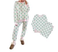 Générique Christmas Trees and Bows Pajama Set - 2 Piece Long Sleeve & Print PJs, Cute Contrast Striped Banding Lounge for Xmas Party (Green,TG)