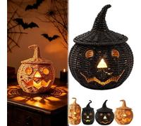 Générique Citrouille d'halloween Tressée en Jonc De Mer, Lanterne Rustique en Osier Noir avec Couvercle en Forme De Chapeau De Sorcière, Panier À Bonbons « Trick Or Treat » Et Lanterne LED (C)